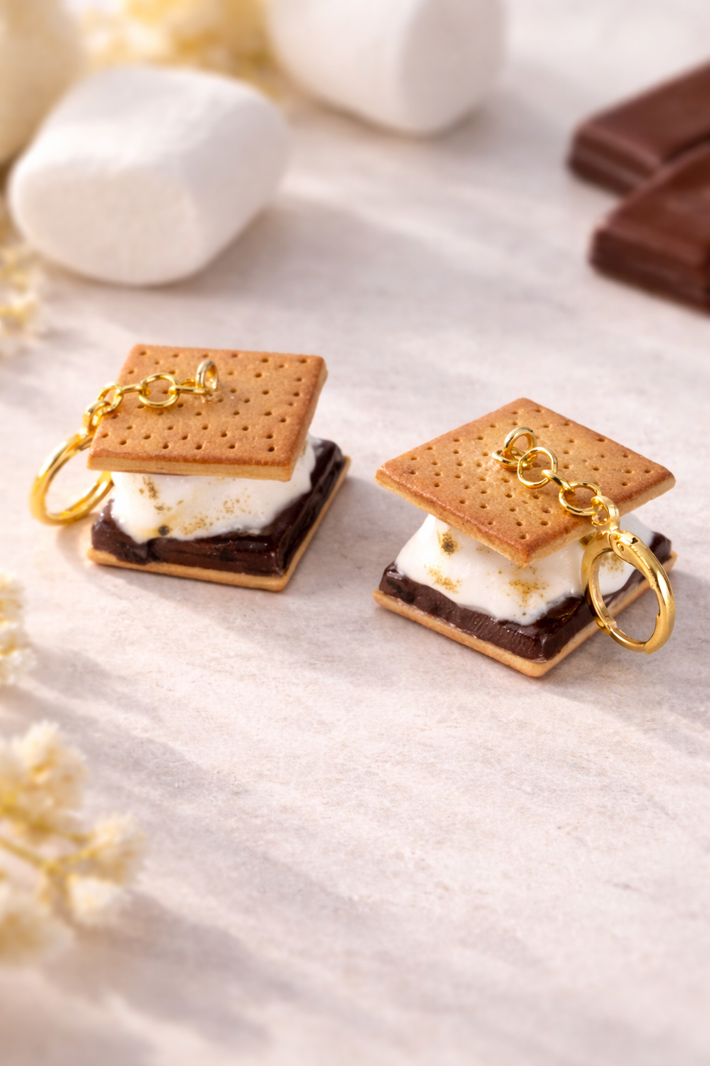S’mores Ohrringe handgemacht – Dessert Hängeohrringe aus Polymer Clay mit Gold-Haken